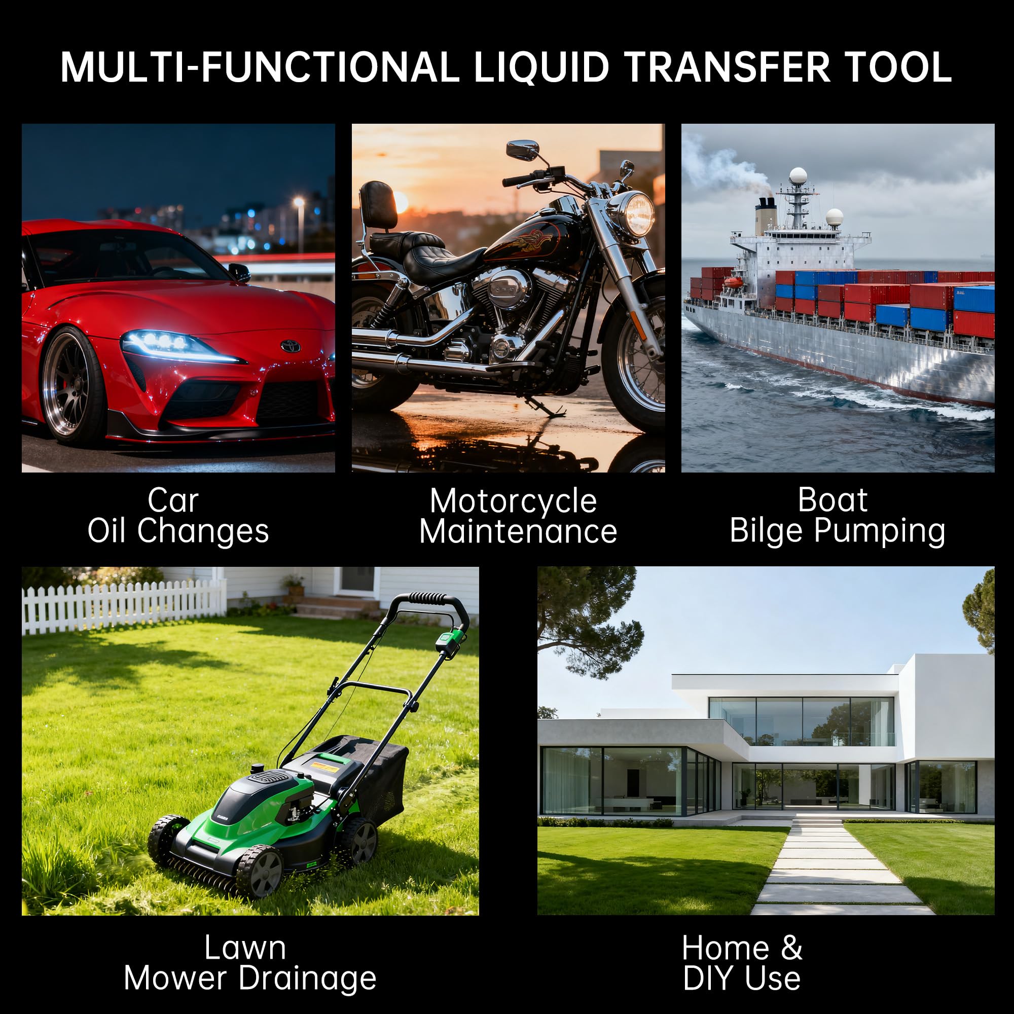 Hexace oil extractor shown for cars, mowers, and boats.