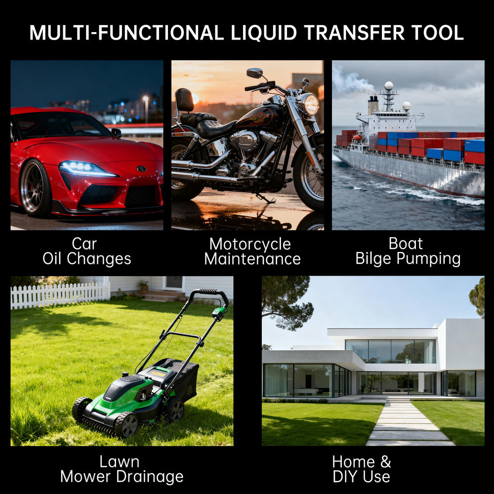 Hexace oil extractor shown for cars, mowers, and boats.