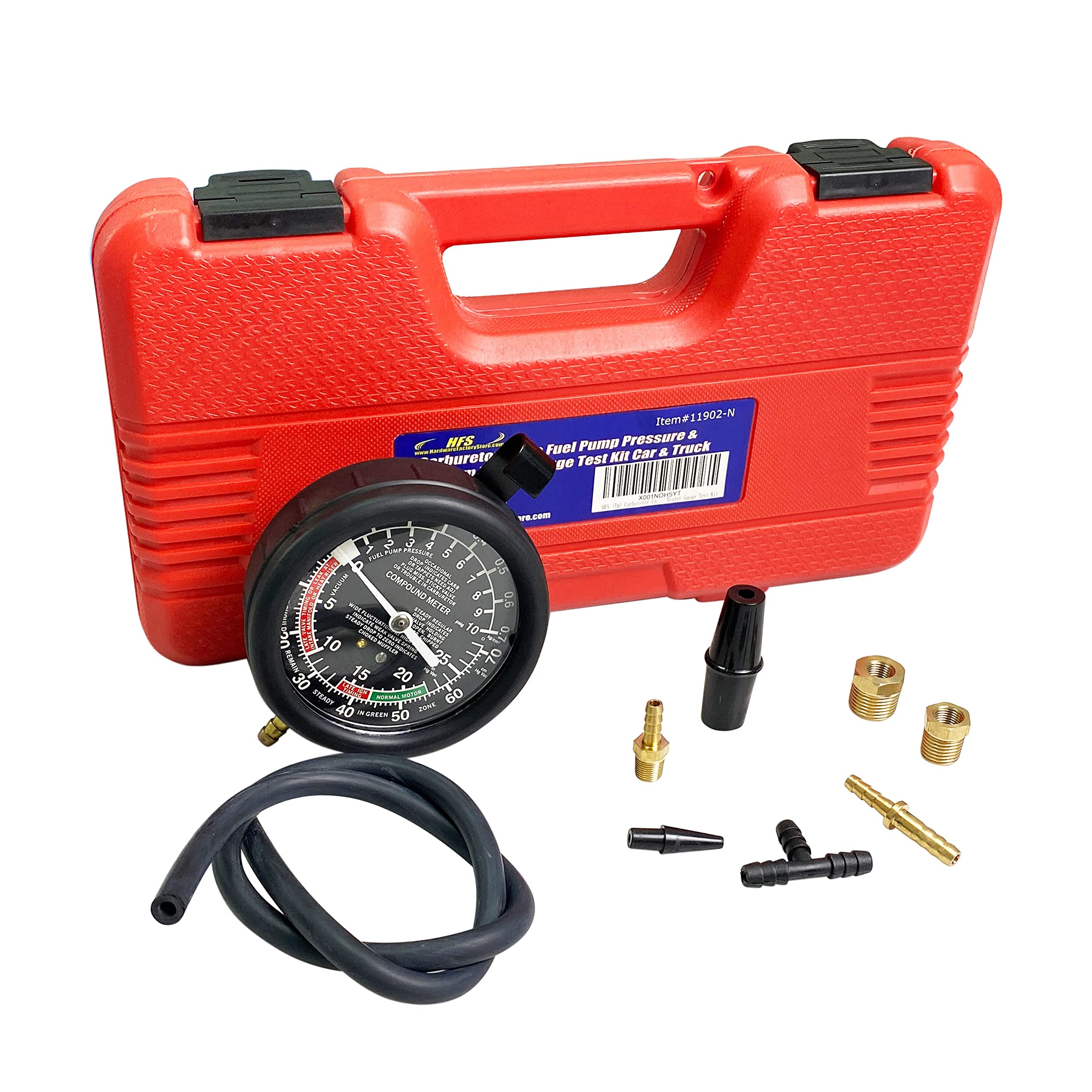 HFS fuel pump tester gauge displays pressure up to 10 PSI for quick diagnostics