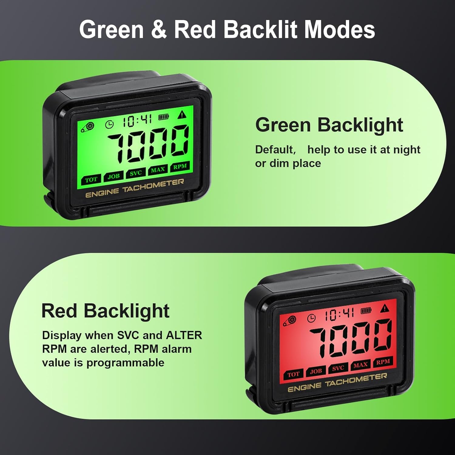 HFWHOK digital tachometer display shows RPM and hours clearly