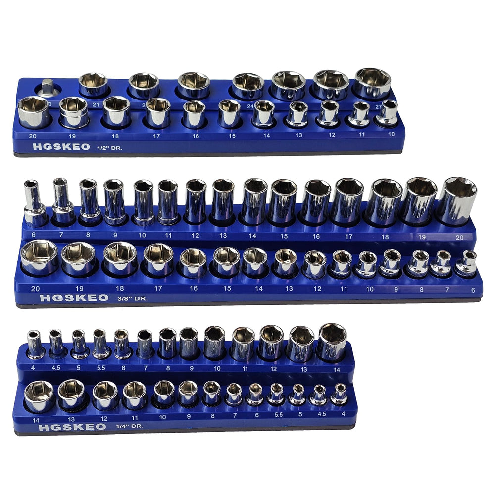 HGSKEO 3pc metric socket organizer set with blue holders for tidy sockets.