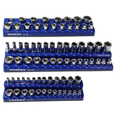 HGSKEO 3pc metric socket organizer set with blue holders for tidy sockets.