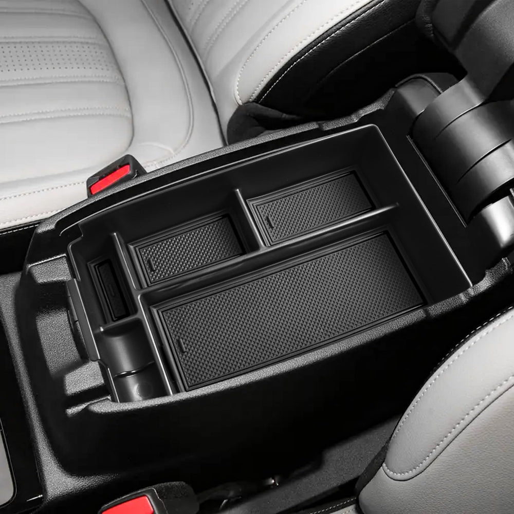 HGWEI center console organizer for Escape, front-angle view highlights enhanced storage.