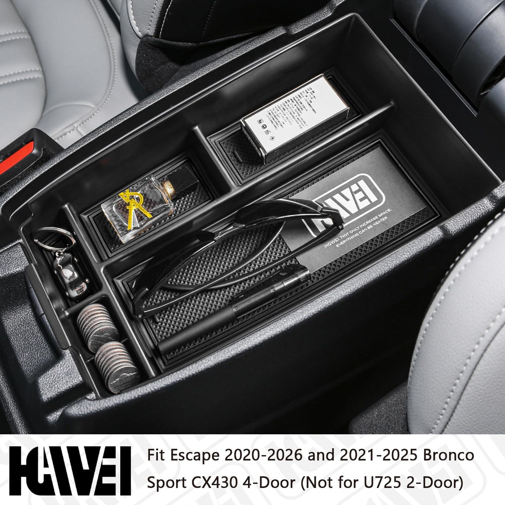 HGWEI center console organizer for Escape, top-down view shows double compartments.