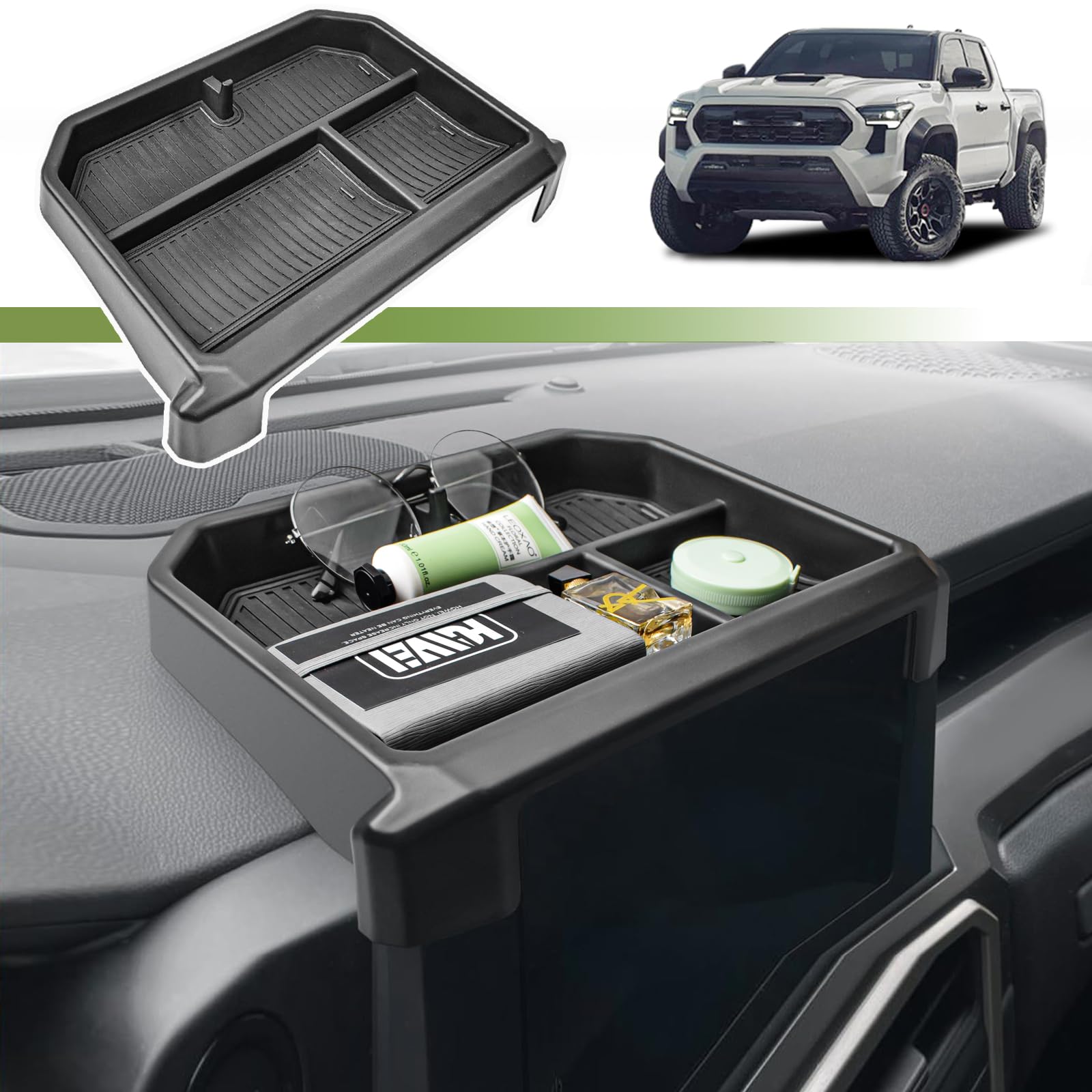 HGWEI center console tray for Toyota Tacoma behind the 8-inch screen enhances organized storage.