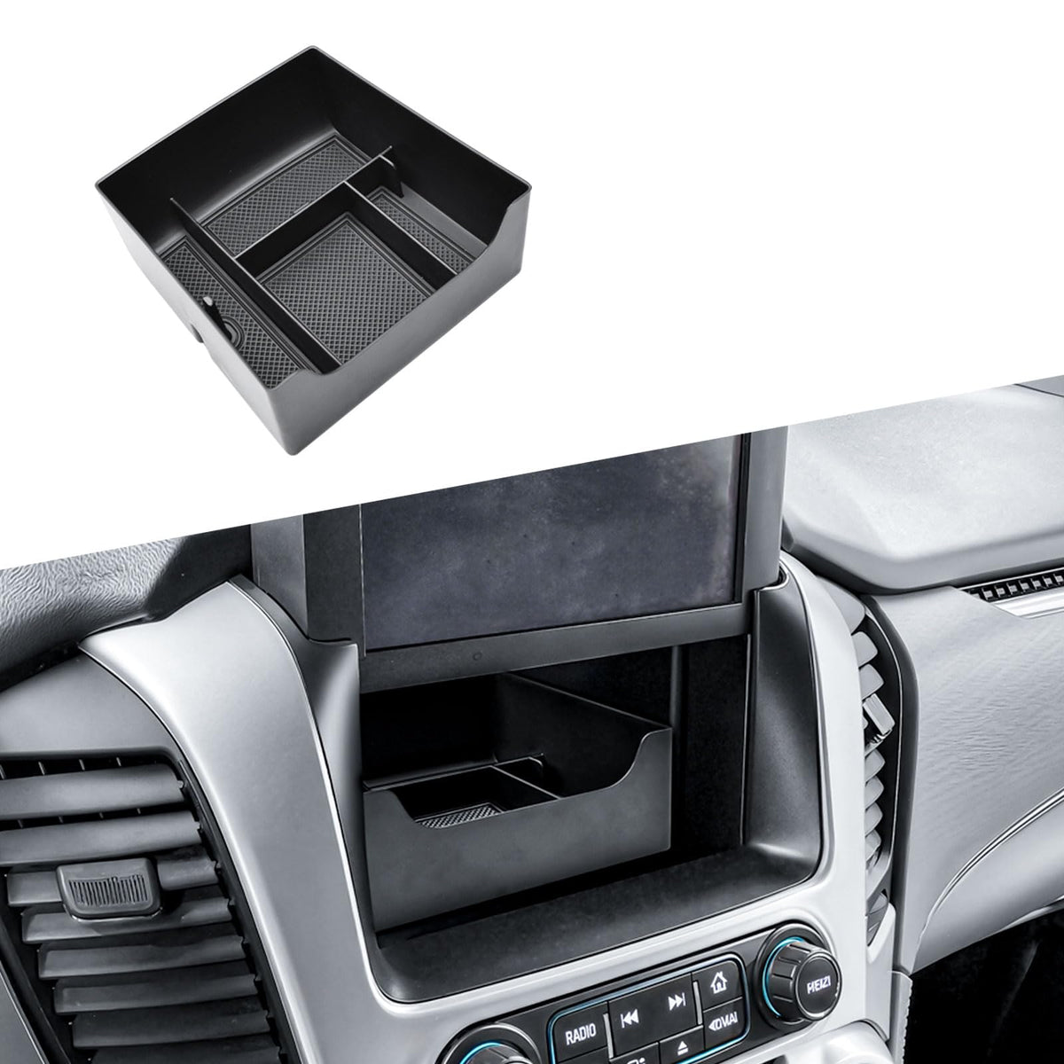 HGWEI center console organizer under-screen view keeps sunglasses within reach.