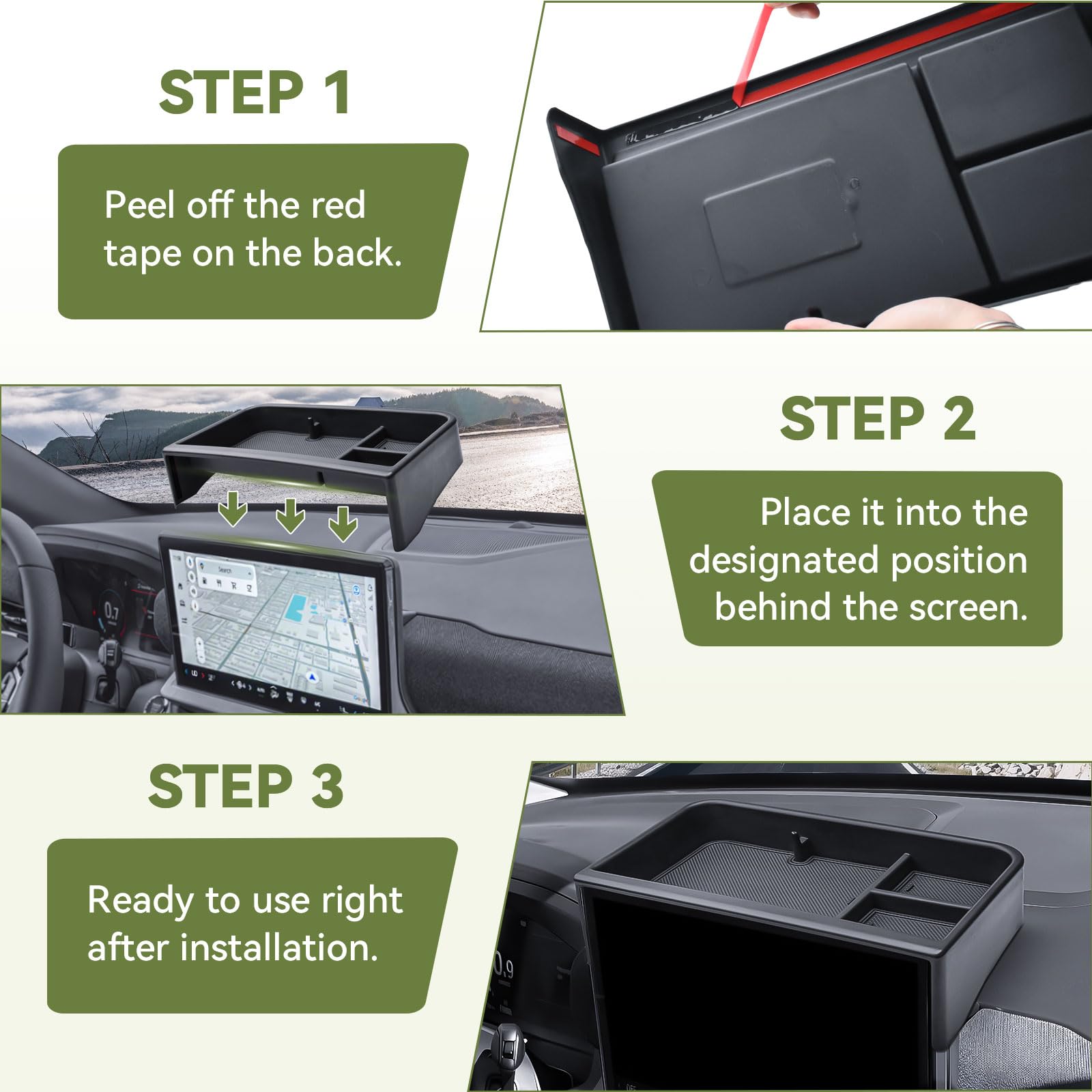 HGWEI dash storage tray behind-screen layout enhances cockpit organization.