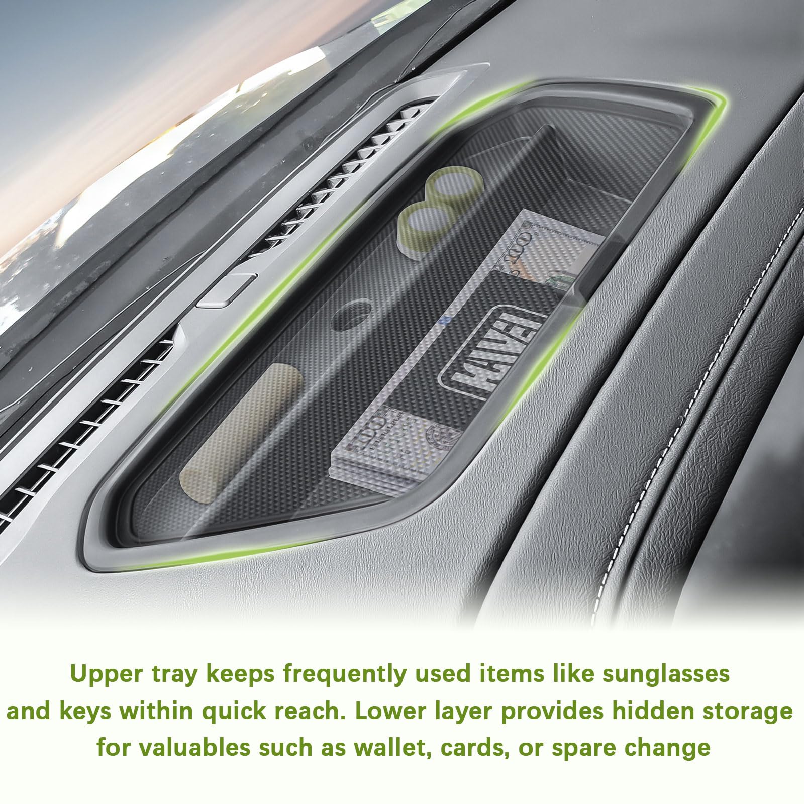 HGWEI dash storage tray black finish blends with cabin interior.