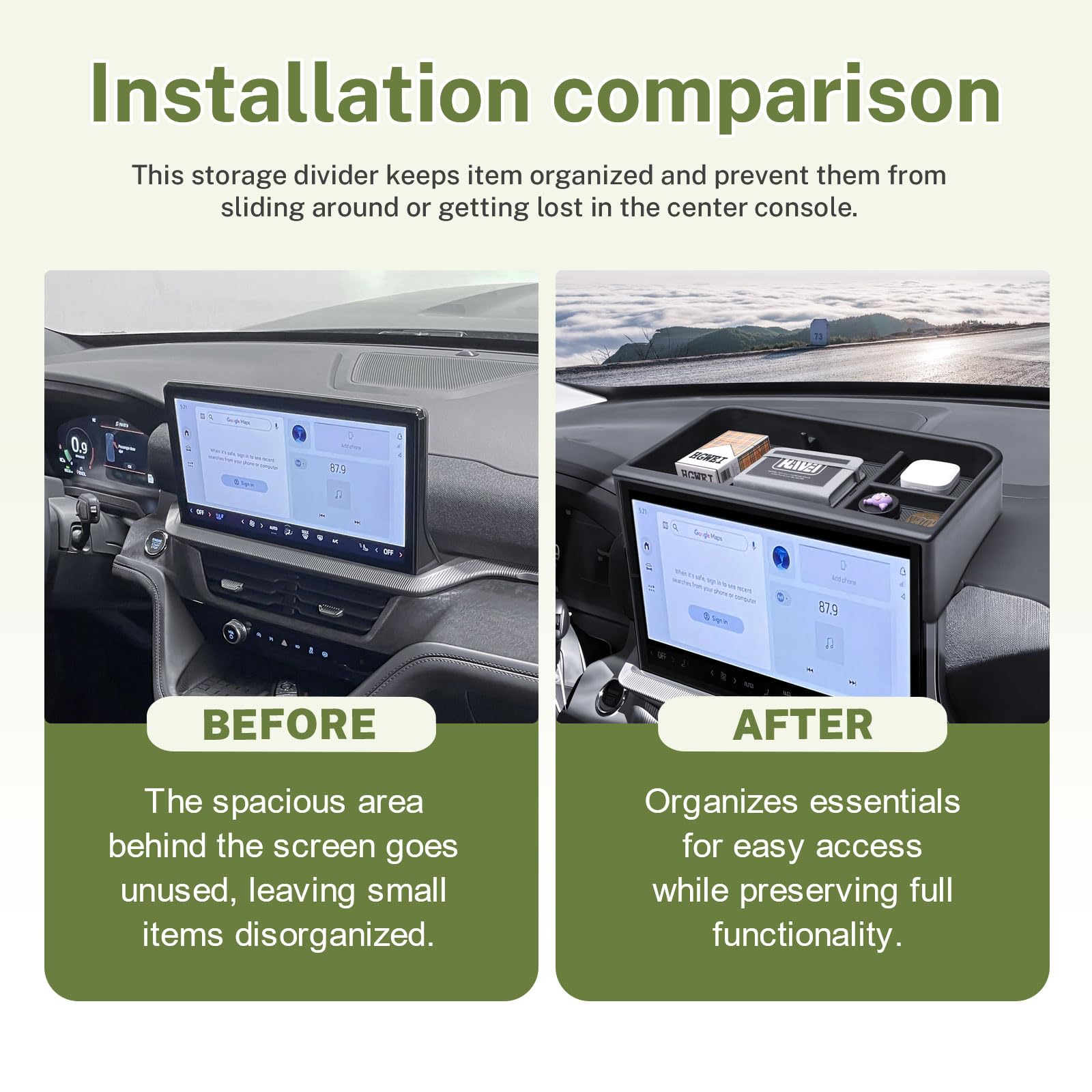HGWEI dash storage tray center console organization reduces clutter and helps driving focus.