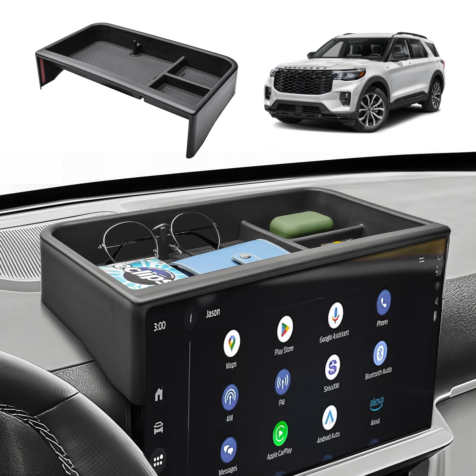 HGWEI dash storage tray fits 2025–2026 Explorer behind the 13.2-inch display, secures items.
