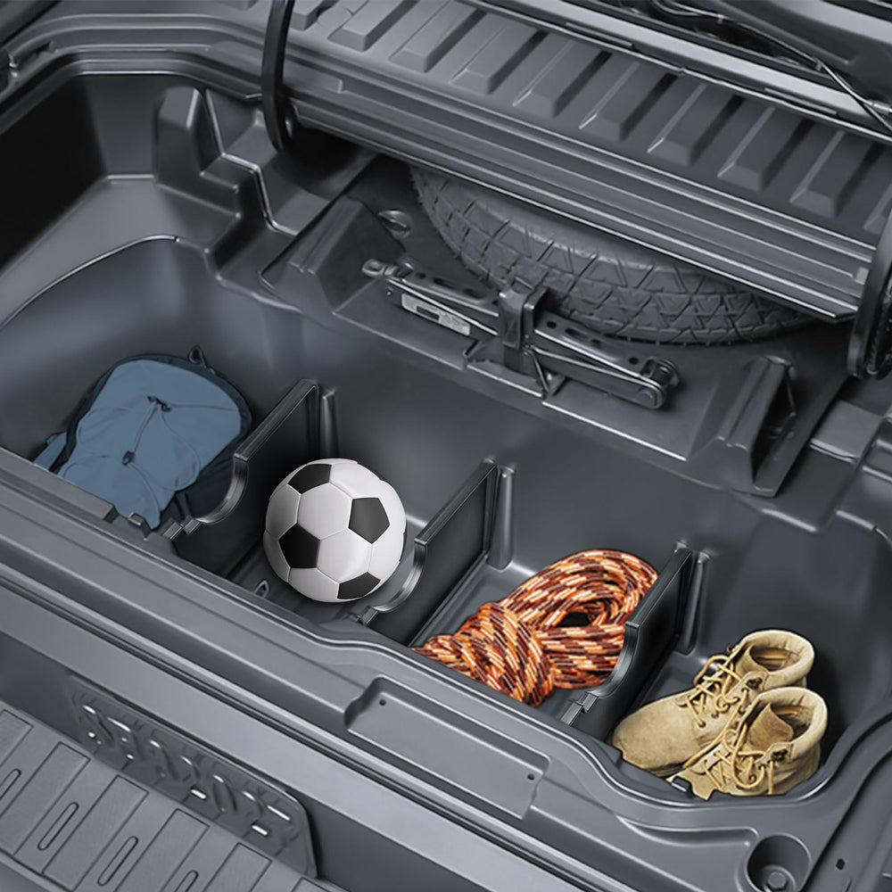 HGWEI trunk in-bed divider four sections keeps tools and groceries separate.
