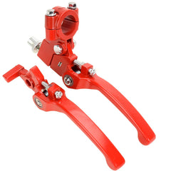 Close-up of aluminum lever and perch, lightweight and durable for dirt bikes.