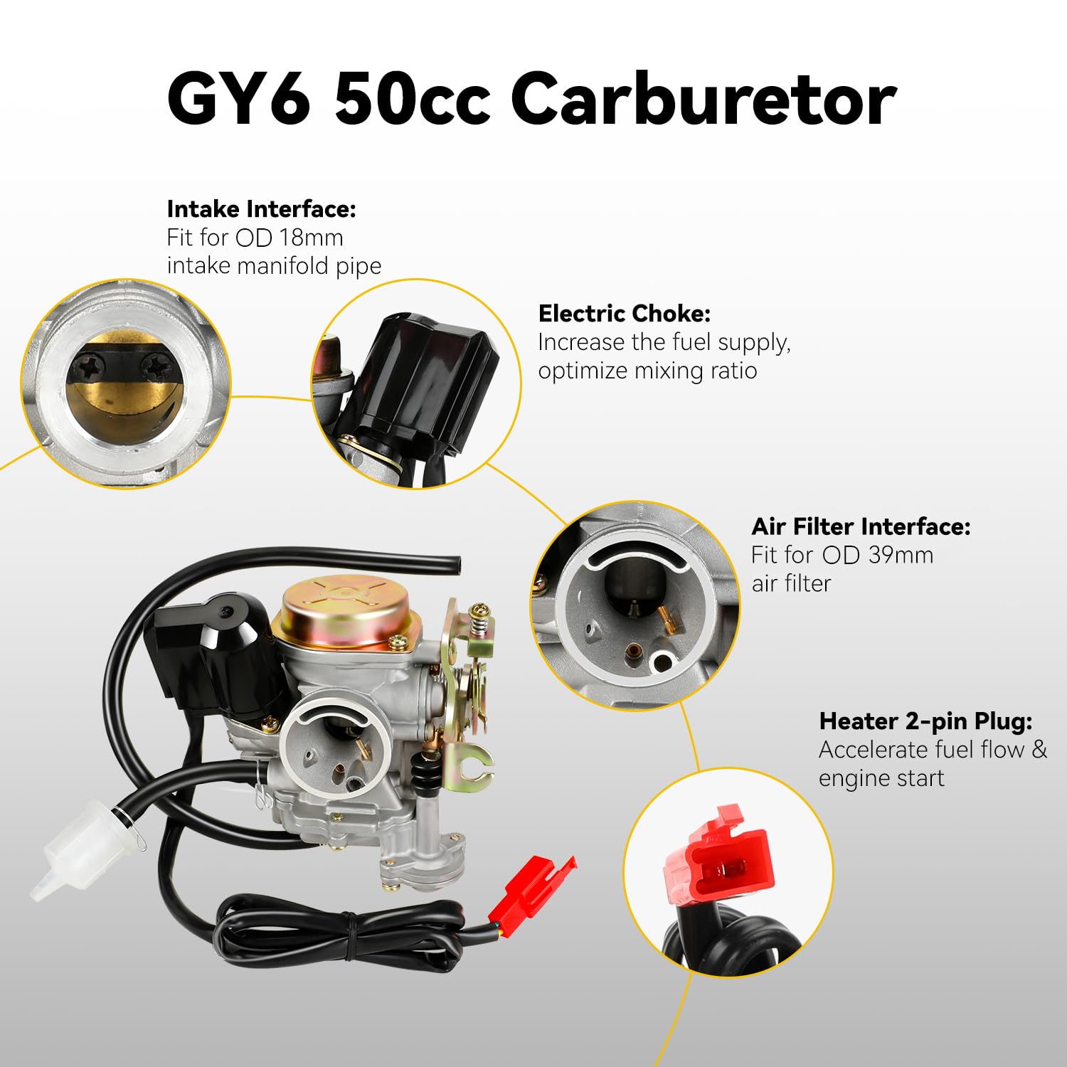 Package contents: carburetor, fuel filter, and hoses for easy install