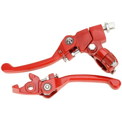 HIAORS red folding brake lever with perch on a 7/8-inch handlebar, easy reach for riders.