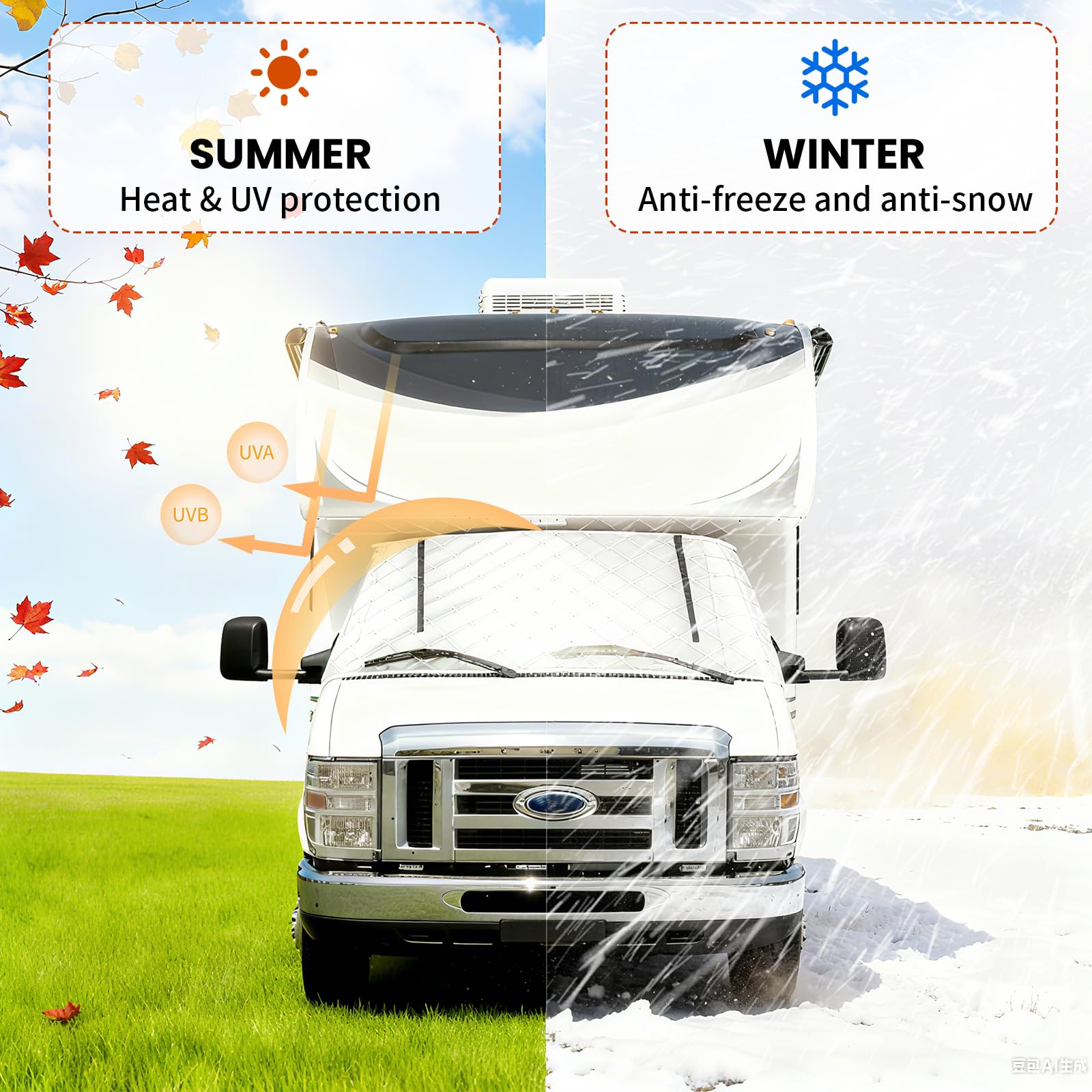 HICOVER RV windshield cover with 4 layer insulation highlights water resistance and UV shielding.