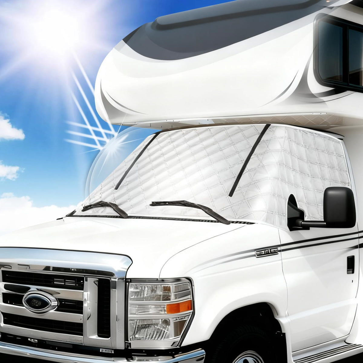 HICOVER RV windshield cover front view demonstrates windproof fit for Class C E450.
