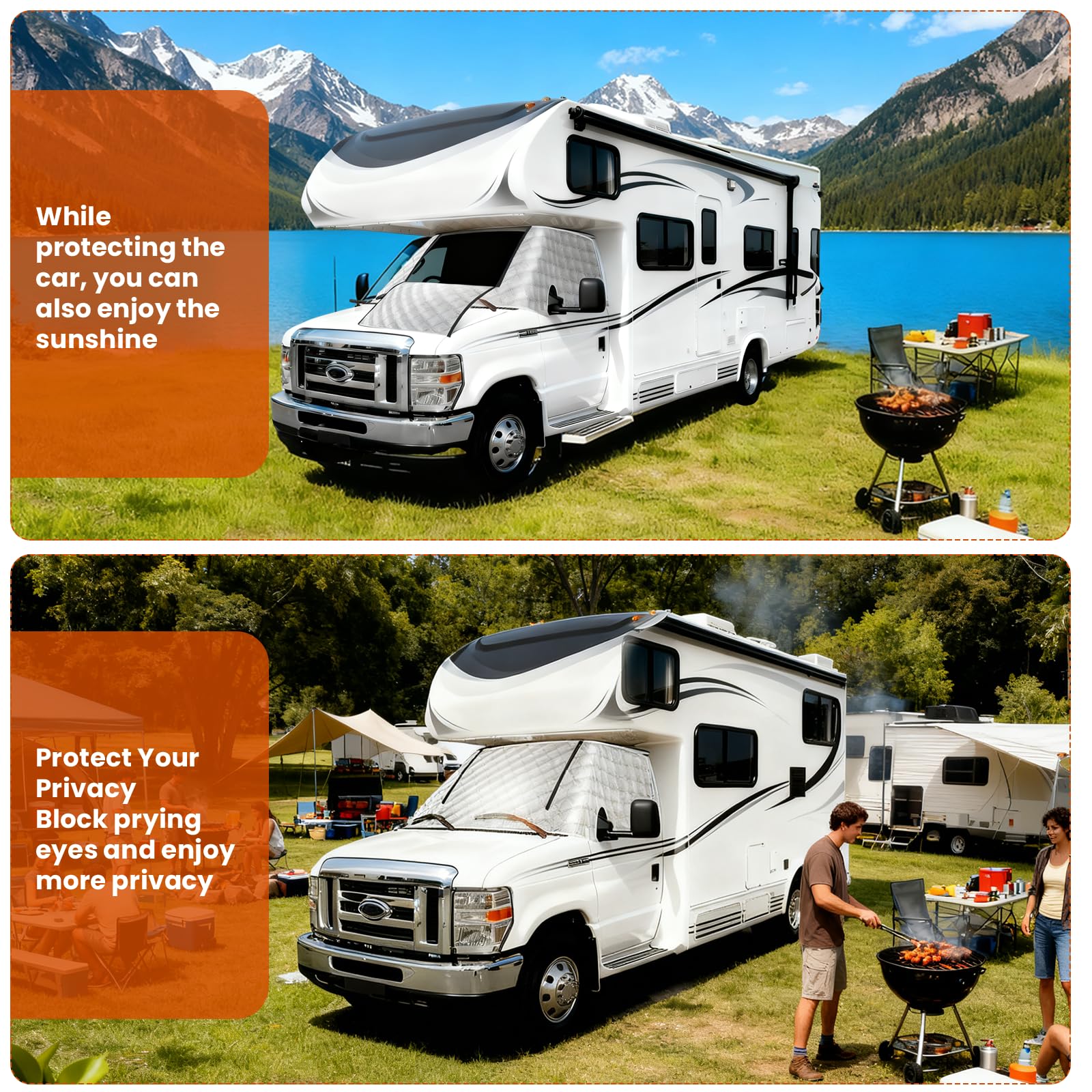 HICOVER RV windshield cover privacy design covers front windshield for security and dust protection.