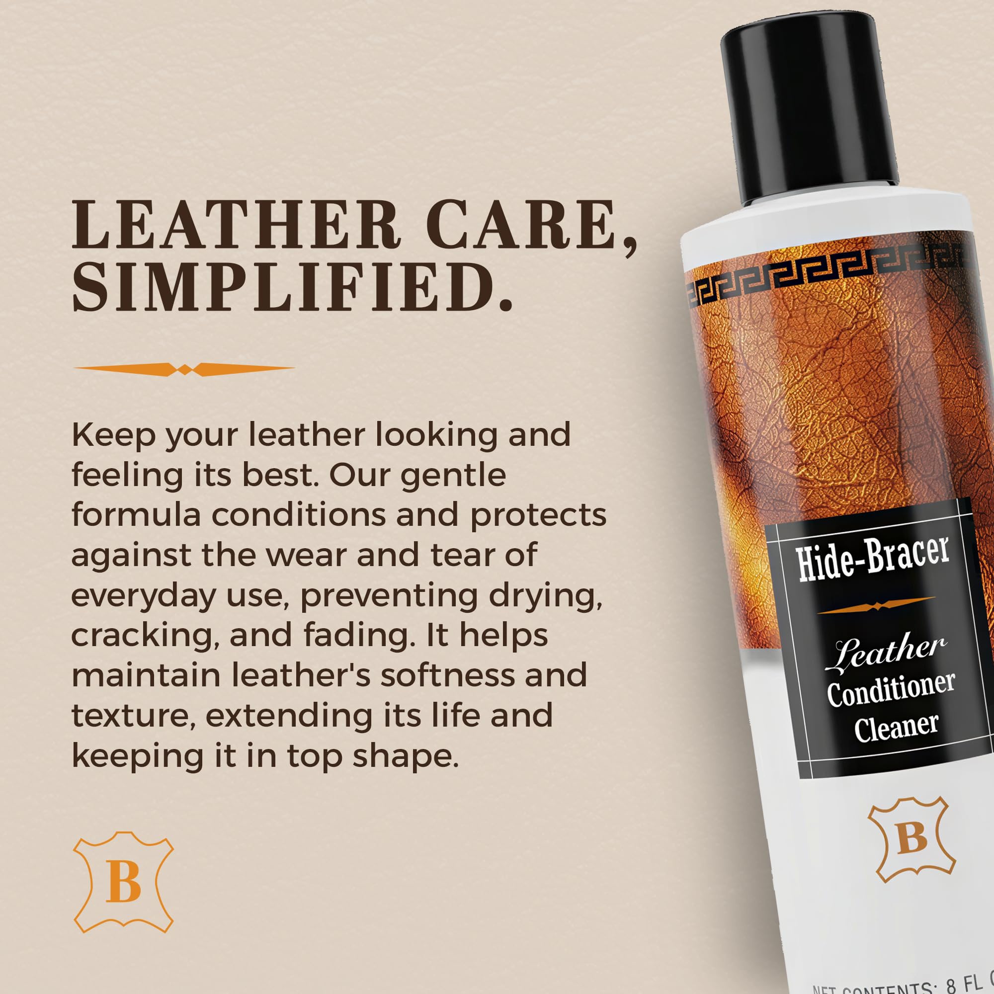 Hide-Bracer Leather Cleaner bottle close-up label highlighting gentle formula for safe leather care.