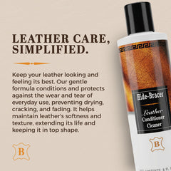 Hide-Bracer Leather Cleaner bottle close-up label highlighting gentle formula for safe leather care.