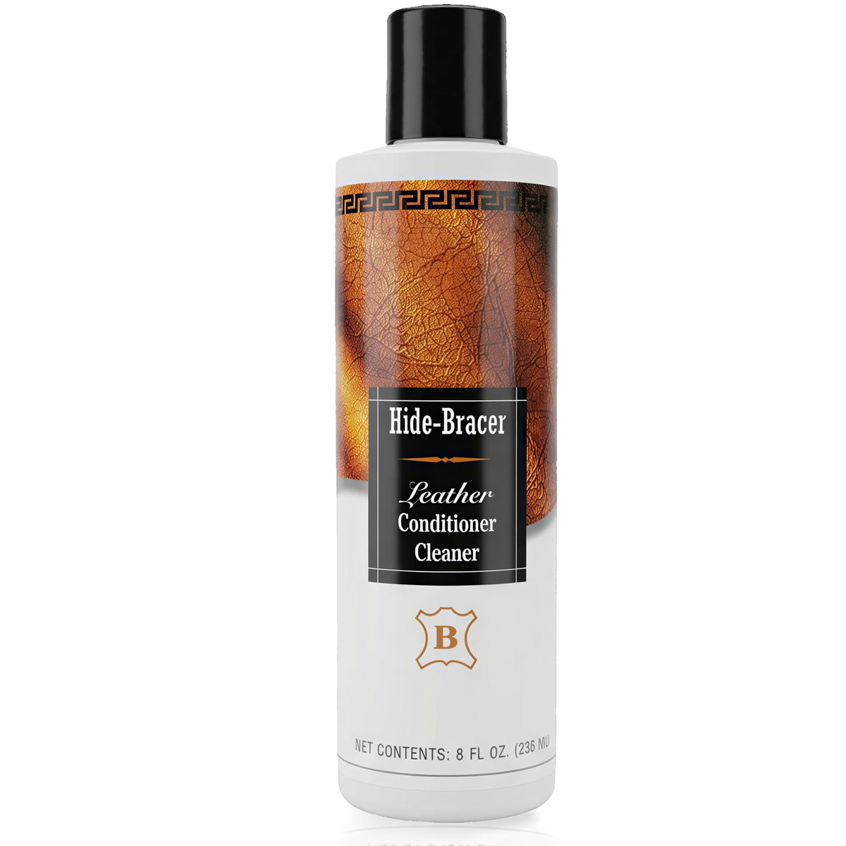 Hide-Bracer Leather Cleaner bottle front view for cleaning and conditioning leather goods.