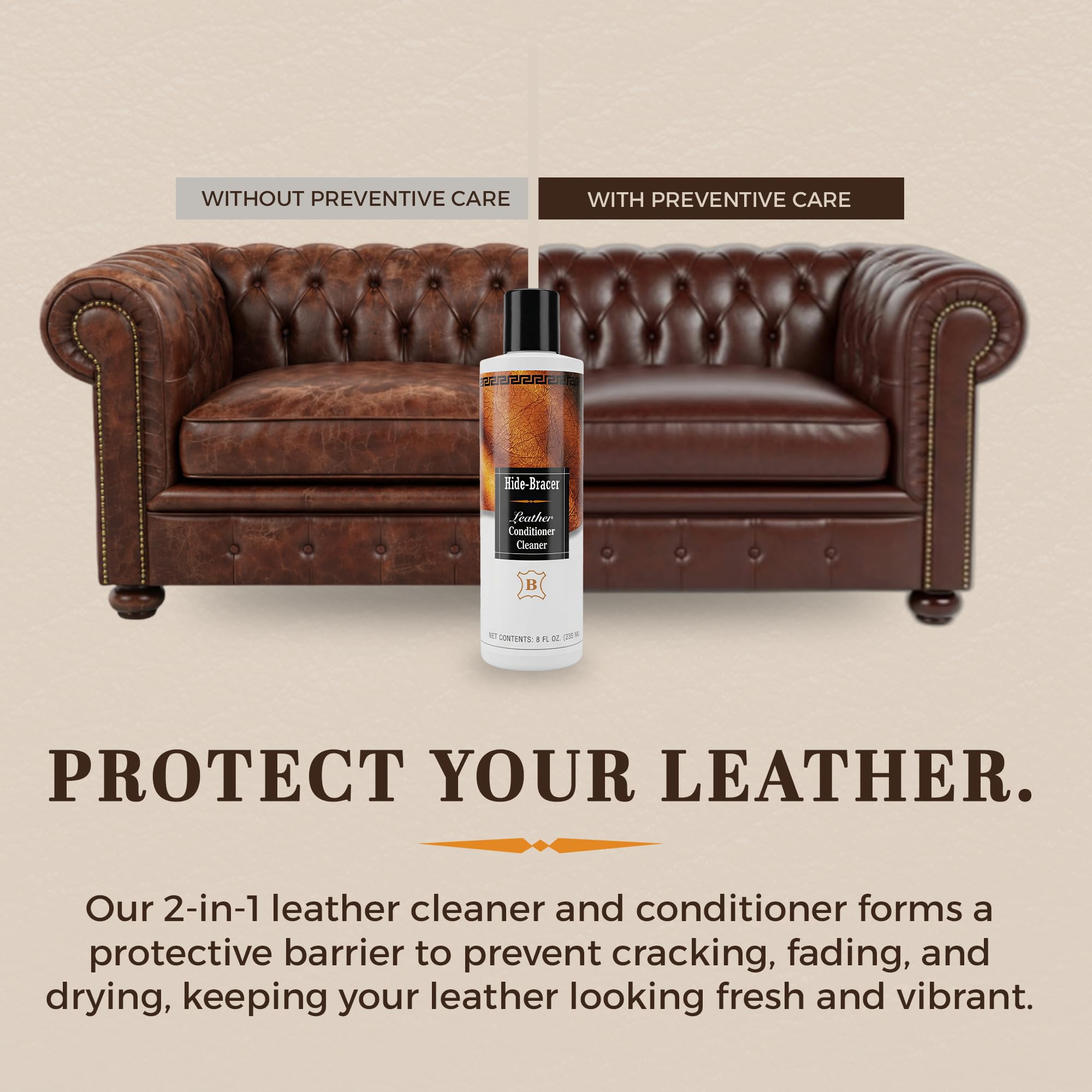 Hide-Bracer Leather Cleaner used on sofa for refreshed, clean look.