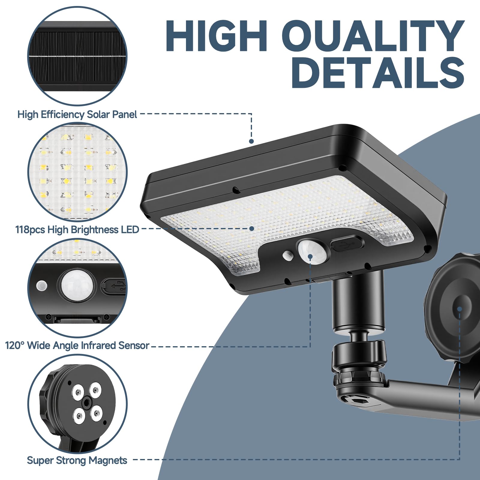 Hifor magnetic solar light features energy-saving solar panel.