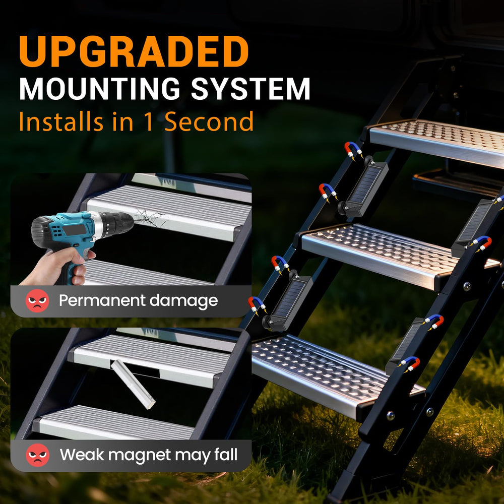 Hifor solar RV step light mounted on bumper guides late returns with a warm glow.