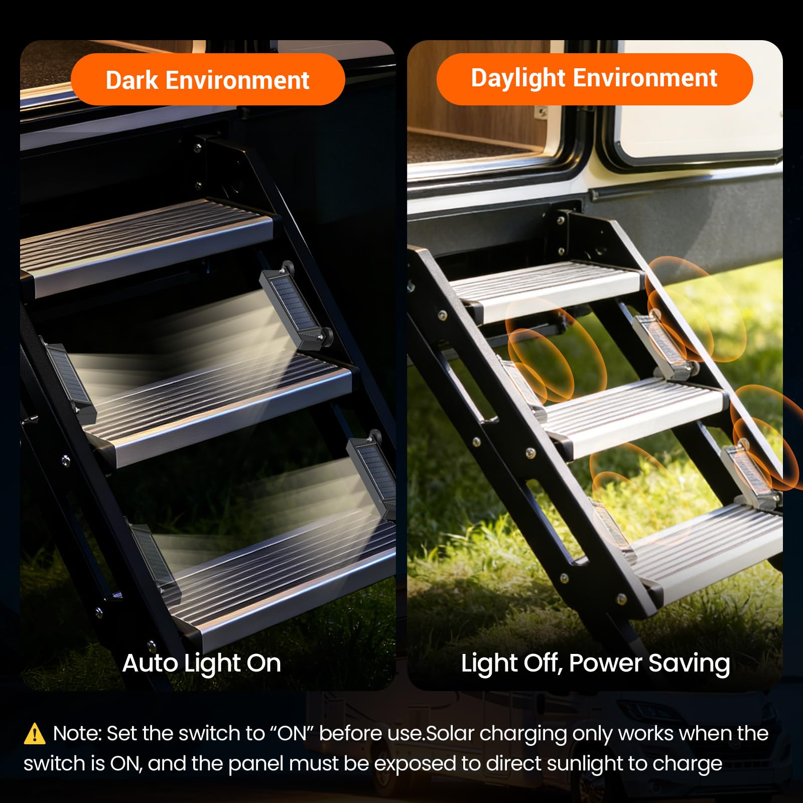 Hifor solar RV step light at dusk delivers gentle illumination without wires.