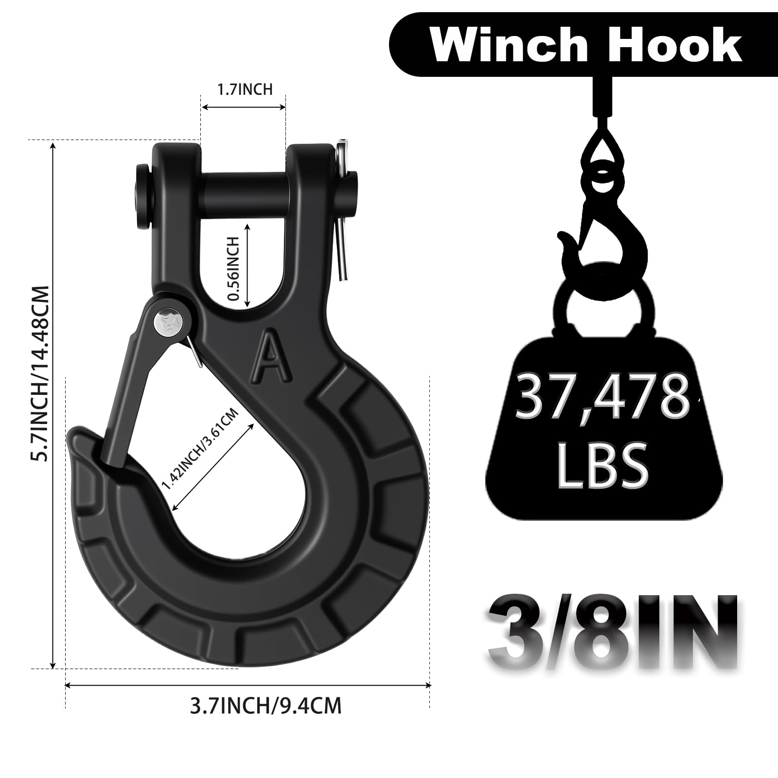 High-PQ 3/8-inch forged steel hook with large opening for quick secure attachment.