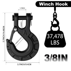 High-PQ 3/8-inch forged steel hook with large opening for quick secure attachment.