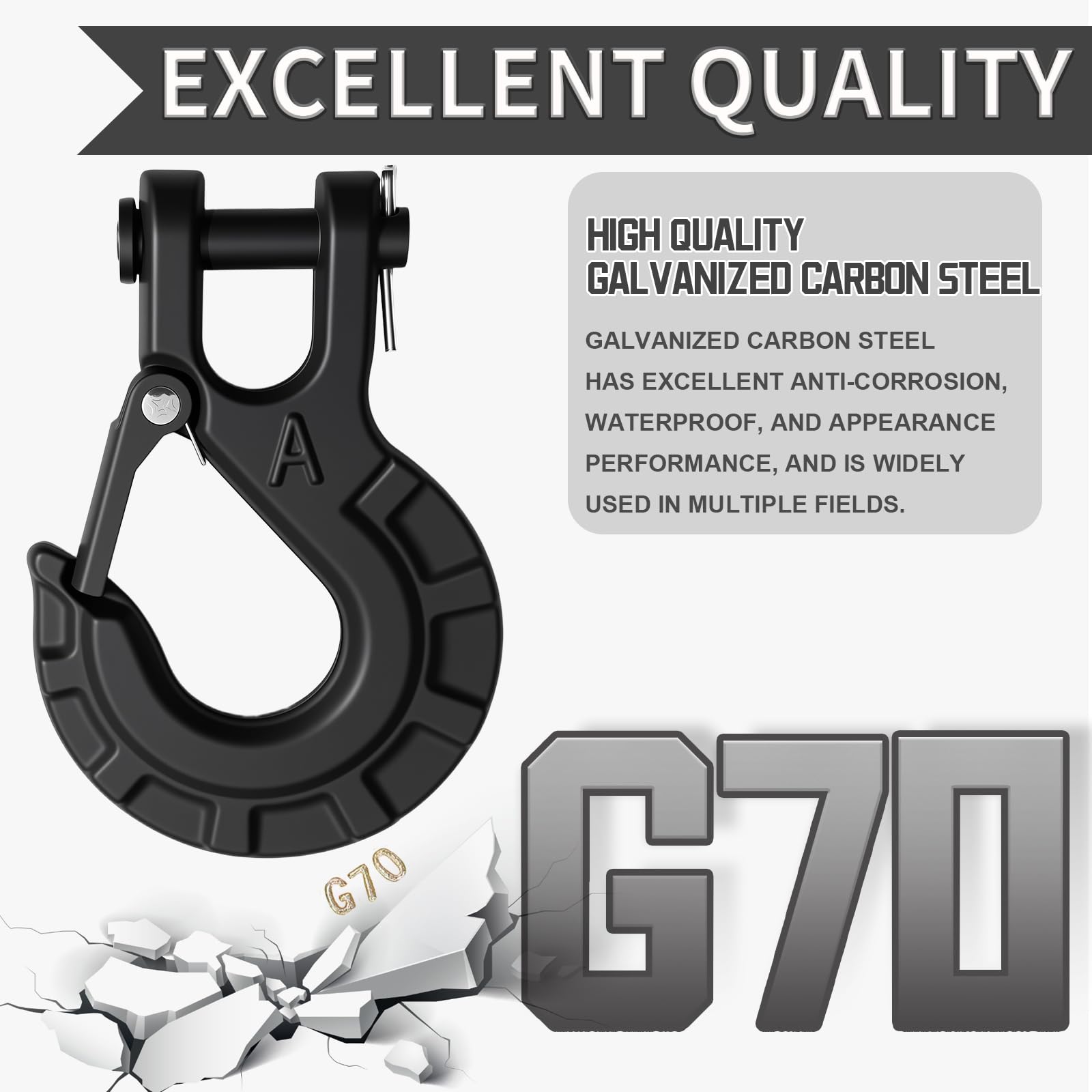 High-PQ hook fits ATVs, trucks, and trailers for versatile use.