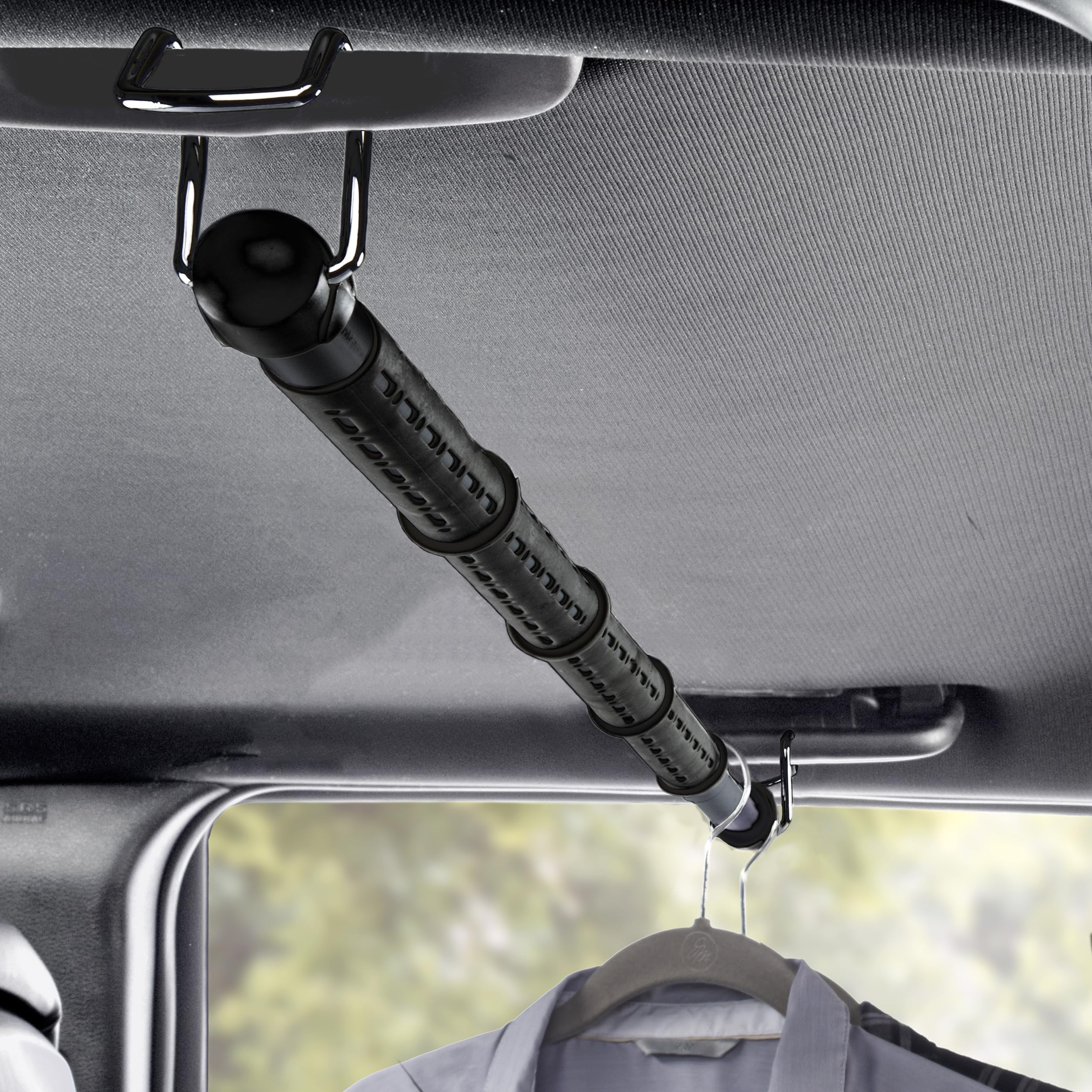 High Road car clothes hanger bar extended to 60 inches for organized outfits during travel