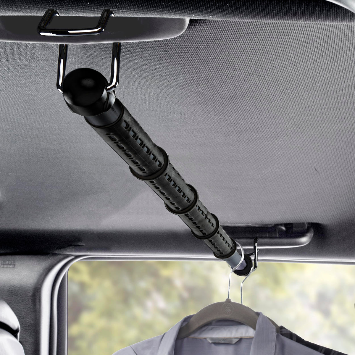 High Road car clothes hanger bar extended to 60 inches for organized outfits during travel