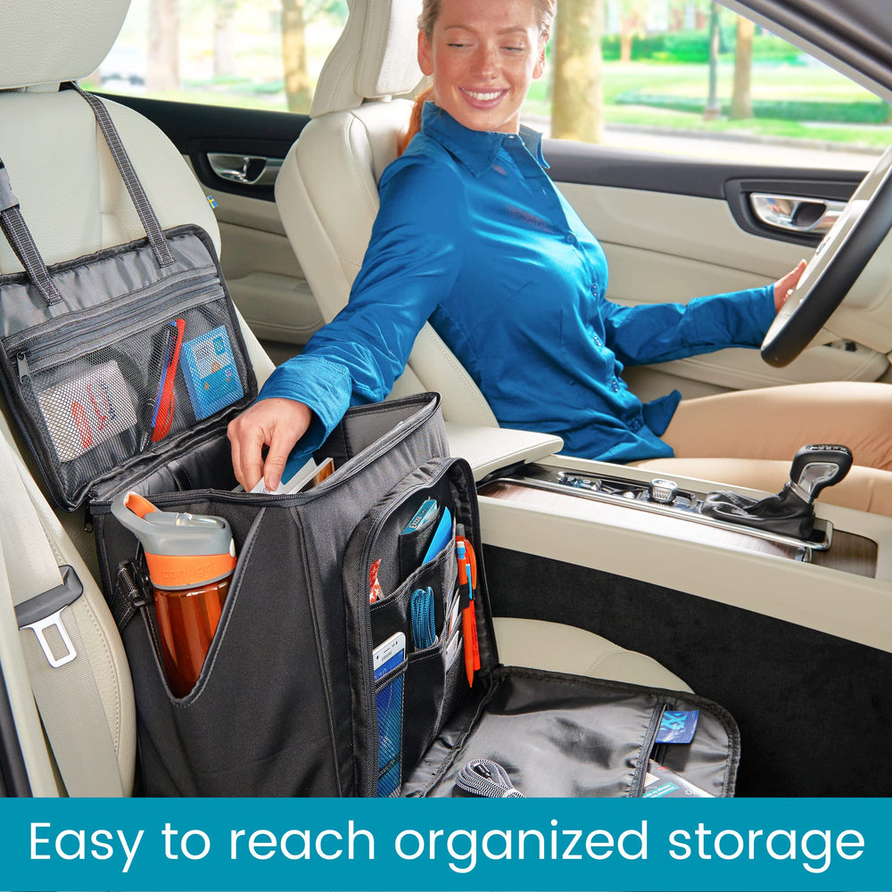High Road Car Office Organizer inside view showing laptop sleeve and mesh pockets