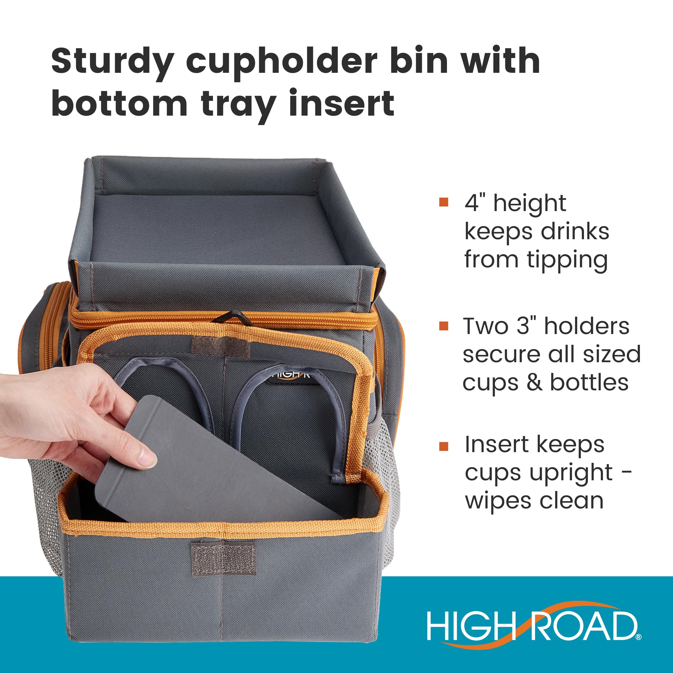 High Road CarHop cup holder bin anchors drinks to minimize spills.
