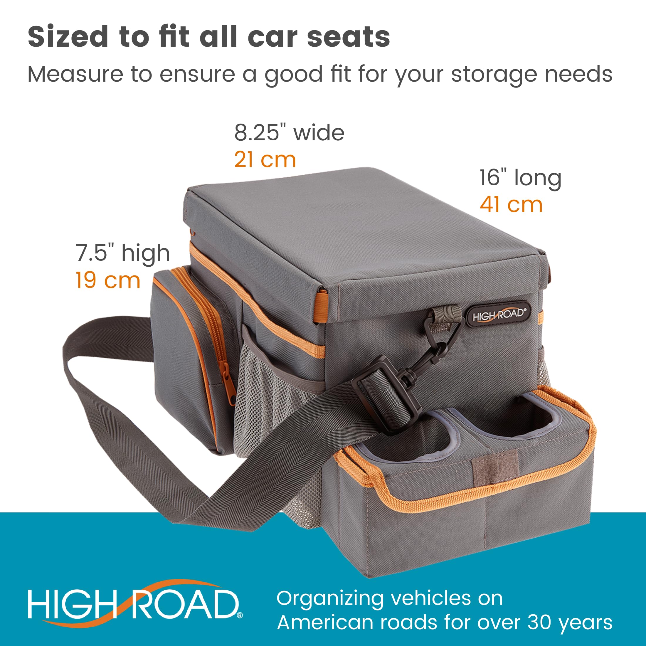 High Road CarHop dimensions show ample space across seats for organization.