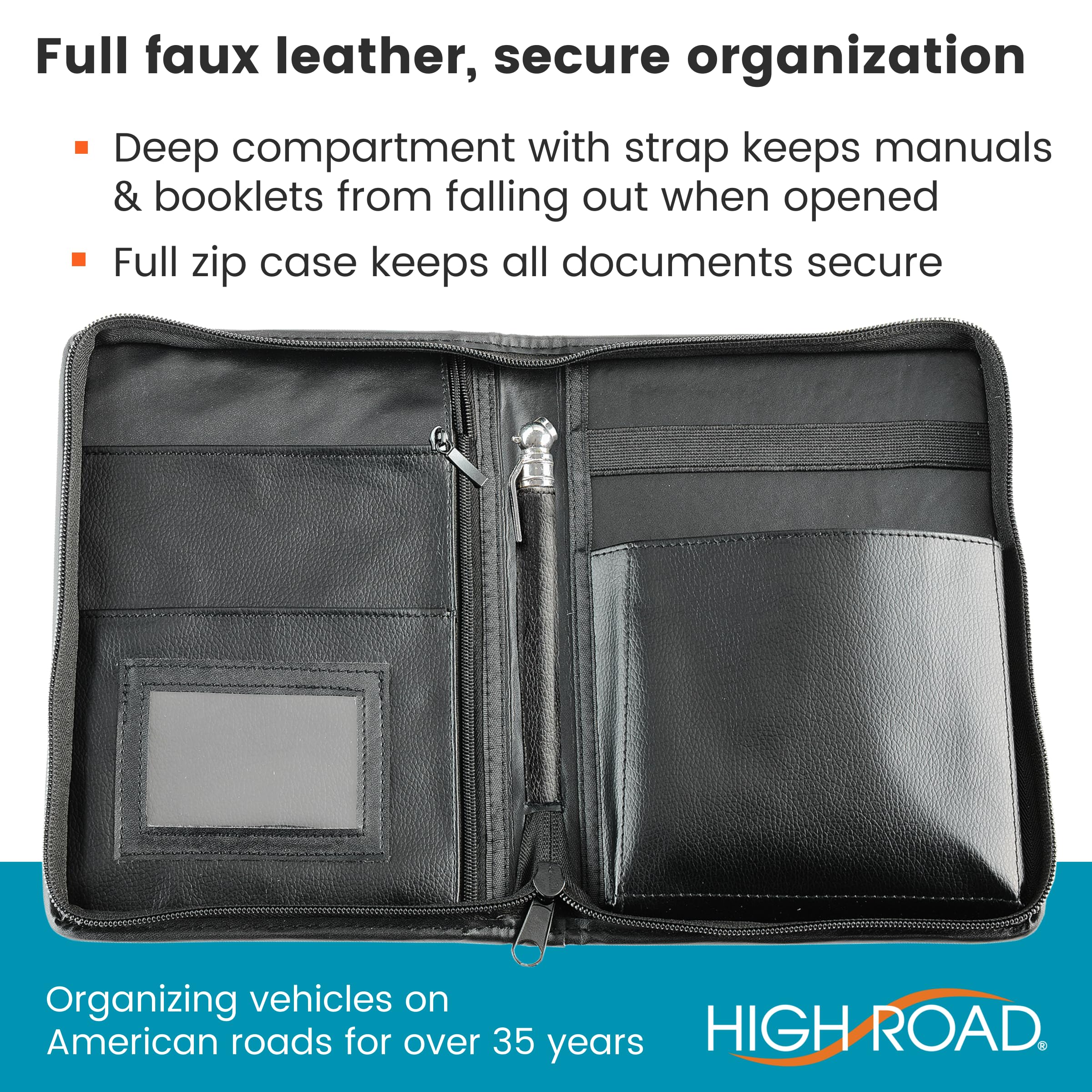 High Road glove box organizer pockets close-up highlighting slip and zip pockets.