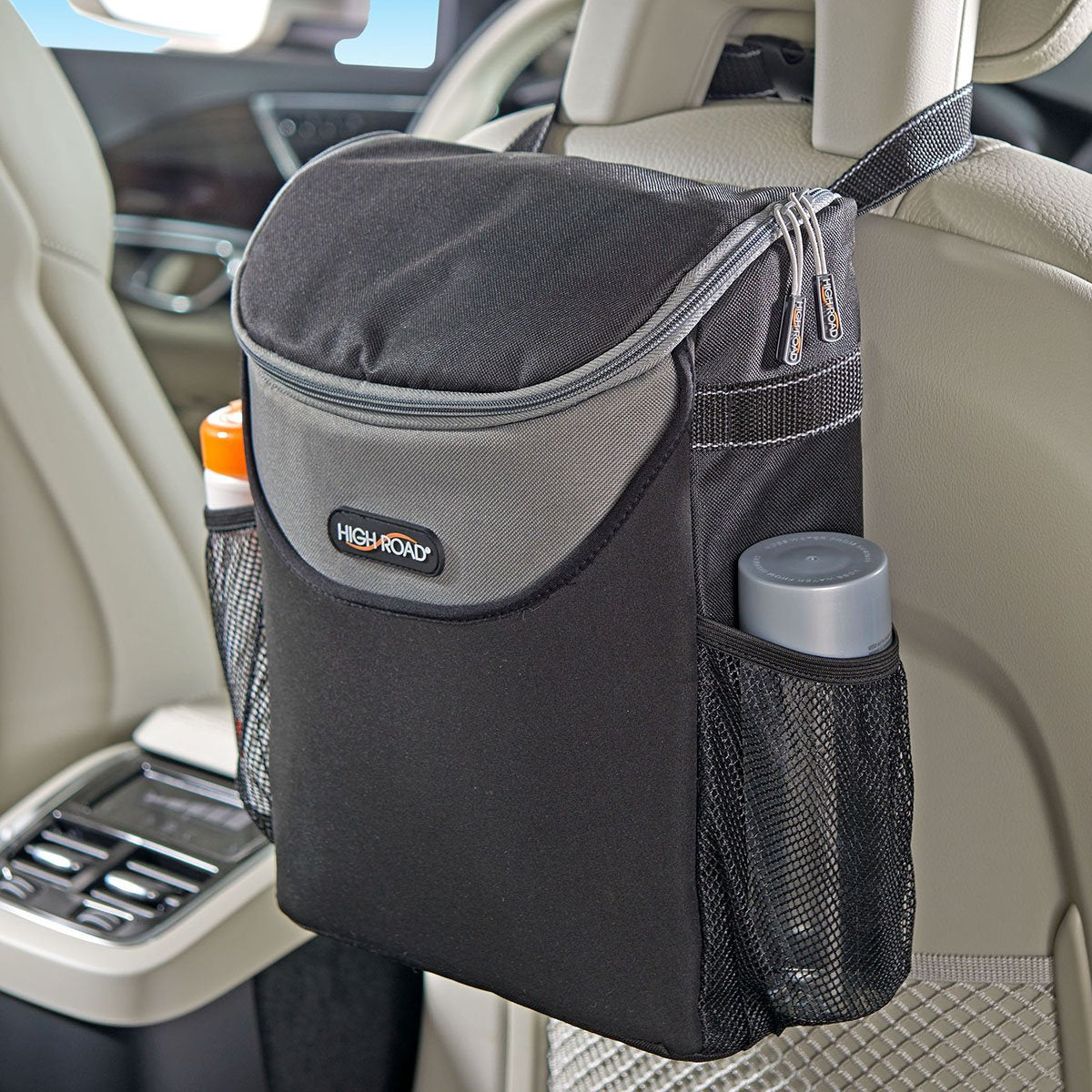 High Road SnackStash backseat cooler open with drinks ready for a road trip.
