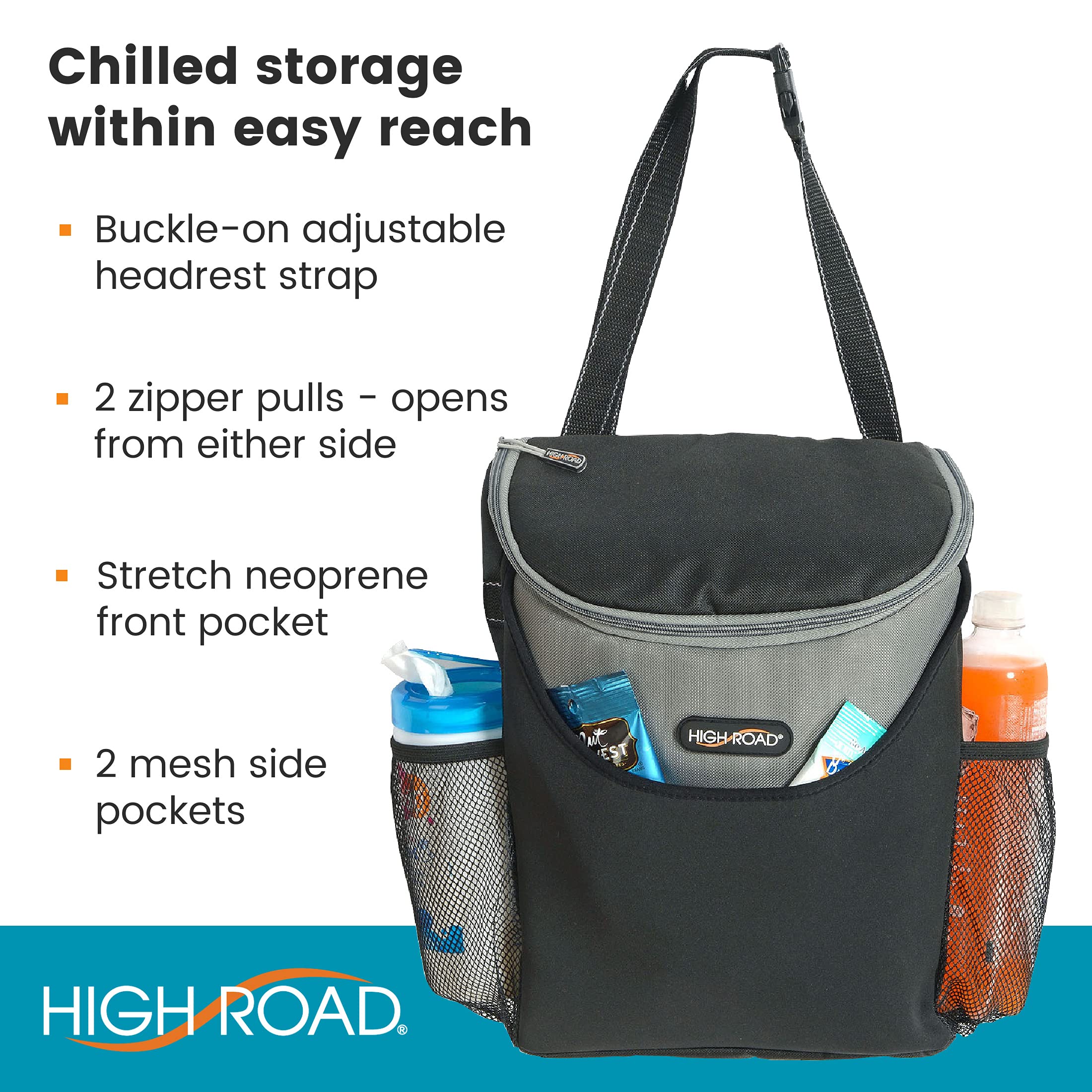 High Road SnackStash road trip scene shows versatile cooler on vehicle seat.