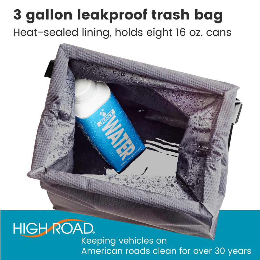 Compact, portable car trash bin fits neatly in a vehicle cabin.