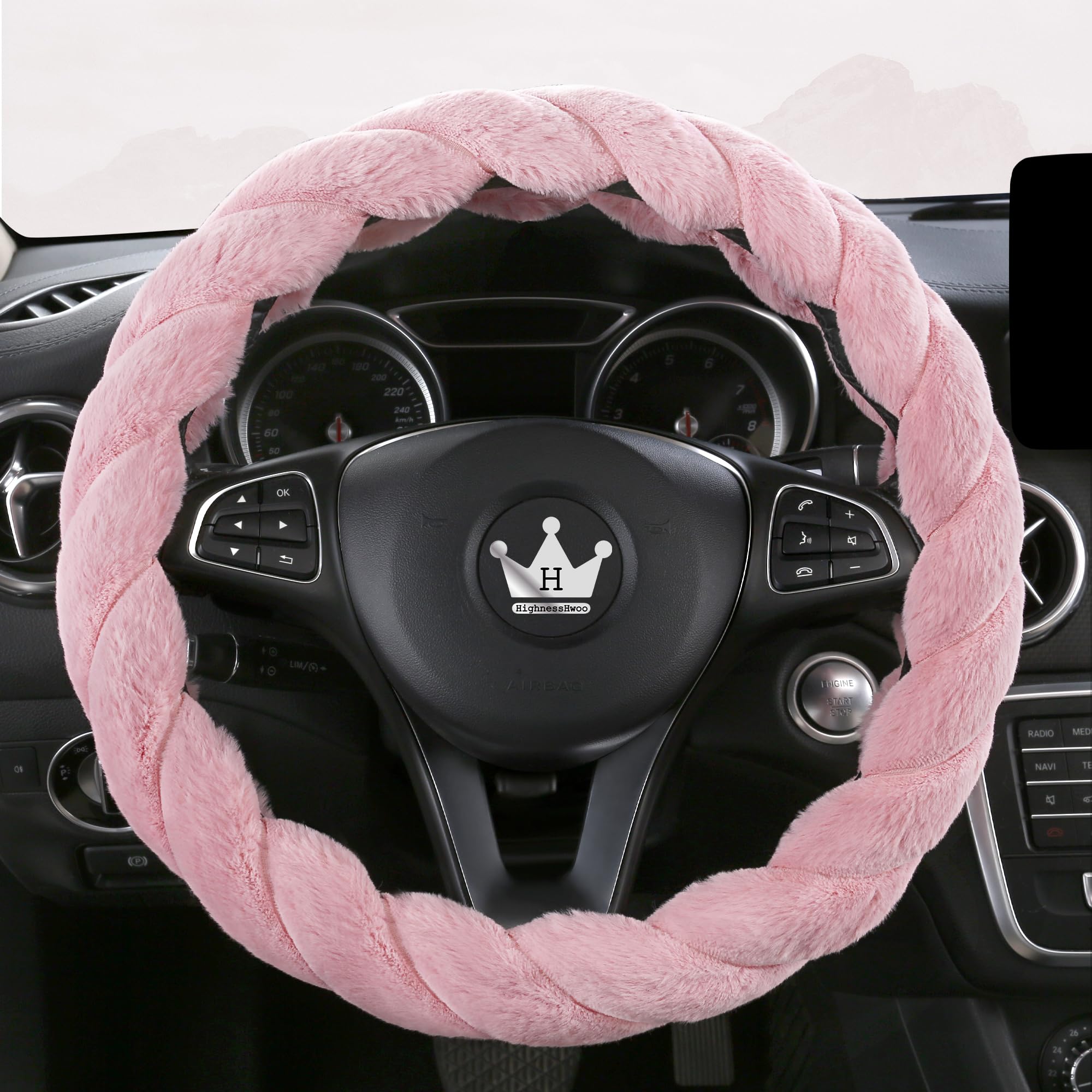 HighnessHwoo luxury fluffy steering wheel cover in winter setting for warmth and grip