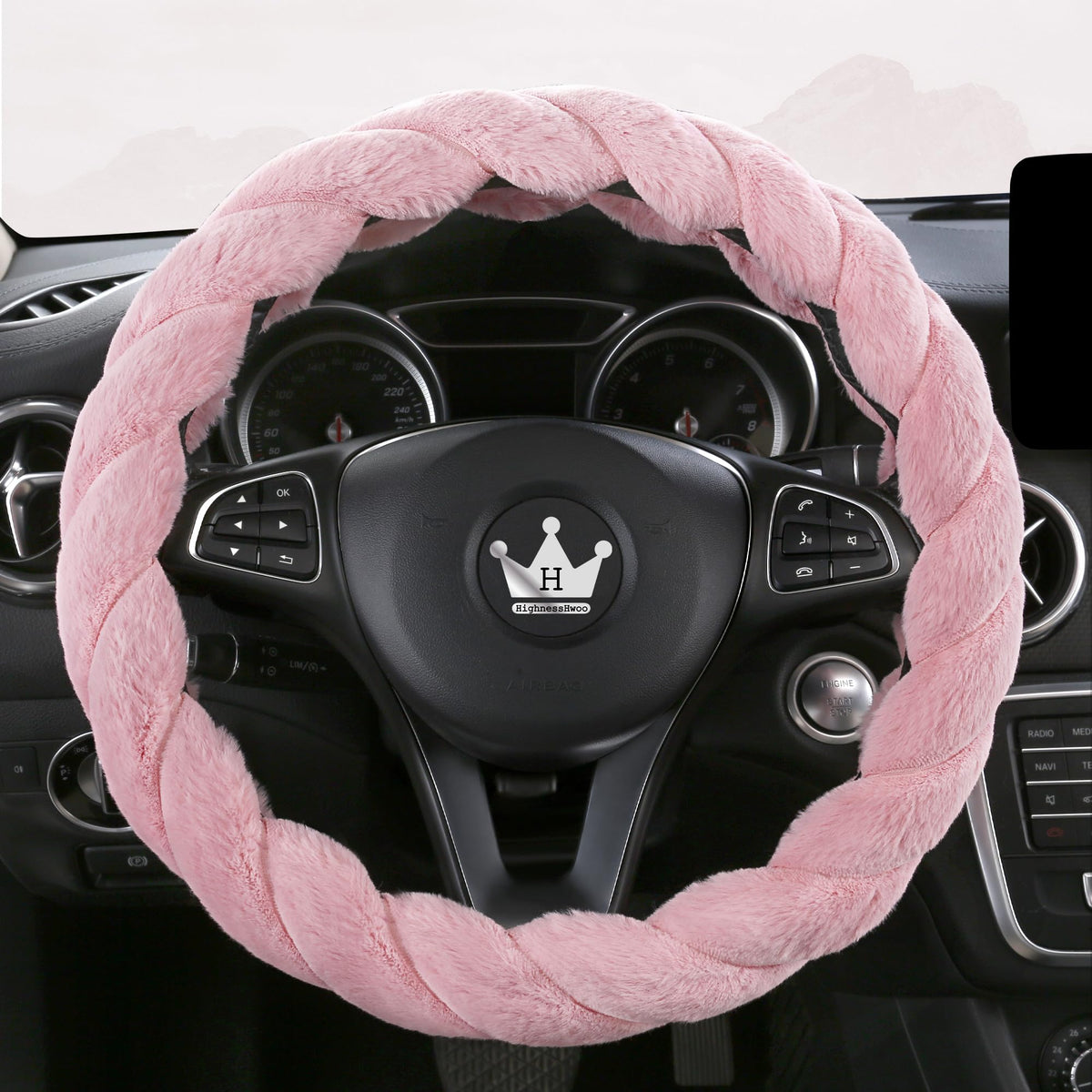 HighnessHwoo luxury fluffy steering wheel cover in winter setting for warmth and grip