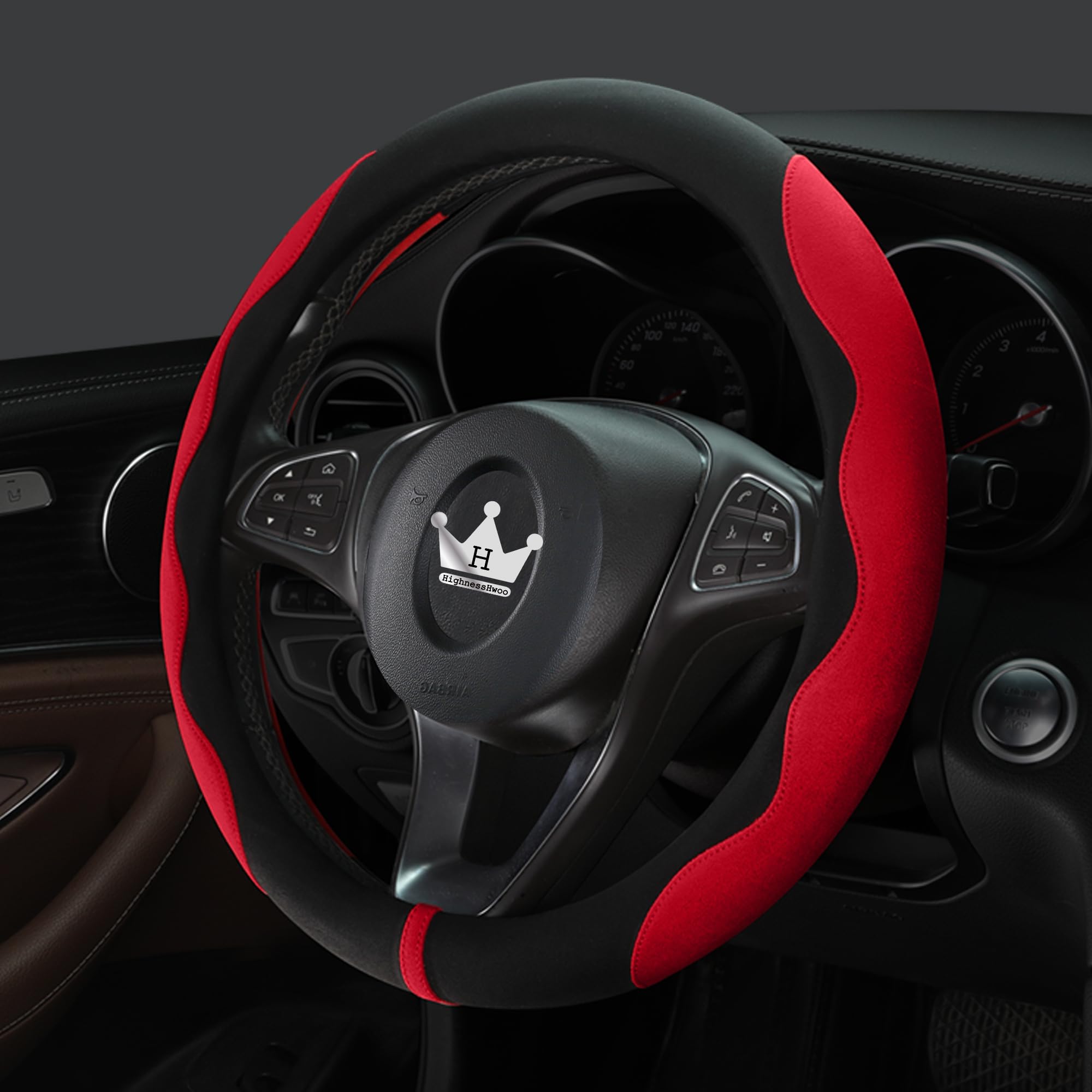 HighnessHwoo suede cover adds a vibrant red accent to your car interior.