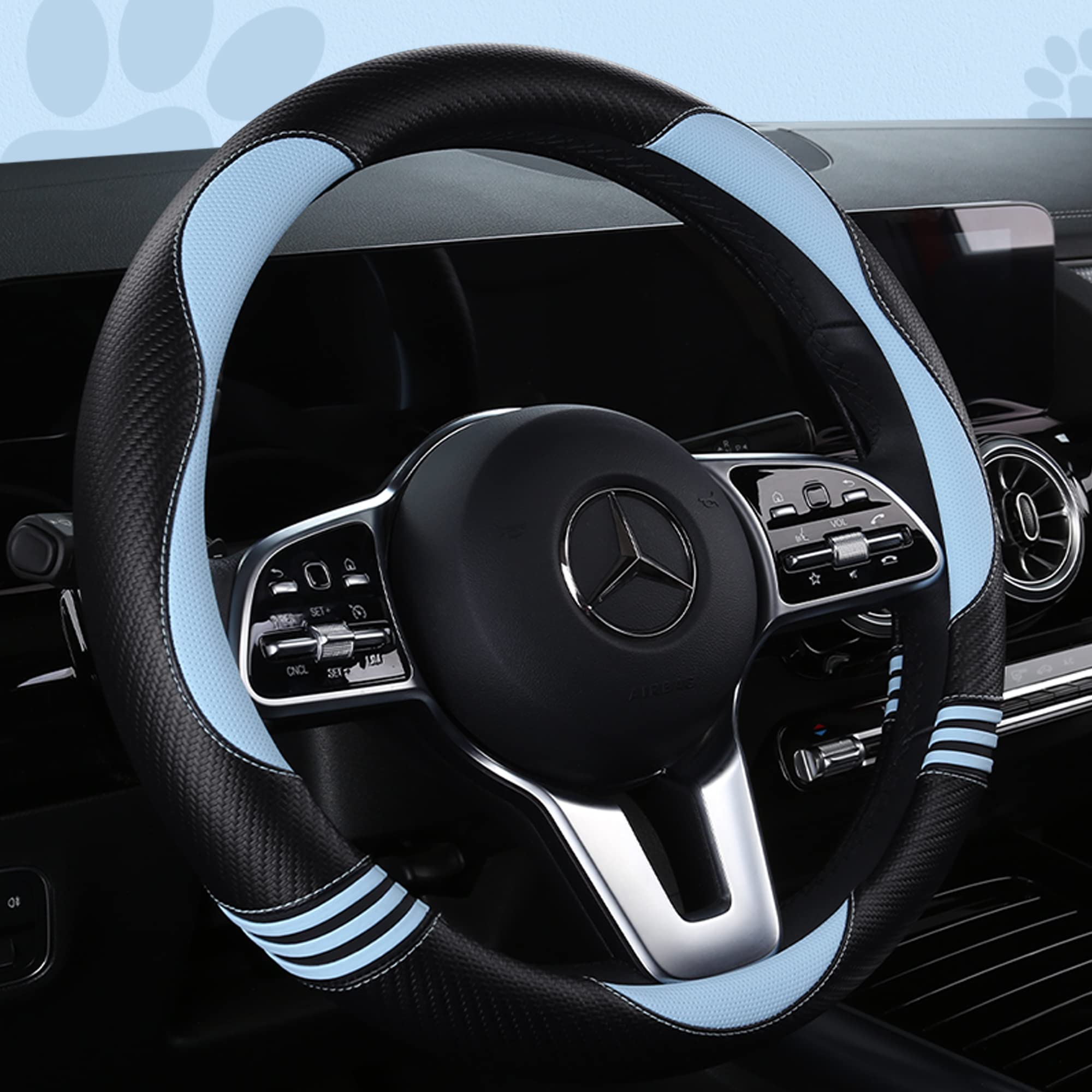 HighnessHwoo steering wheel cover showcases carbon fiber PU leather texture for a premium feel.