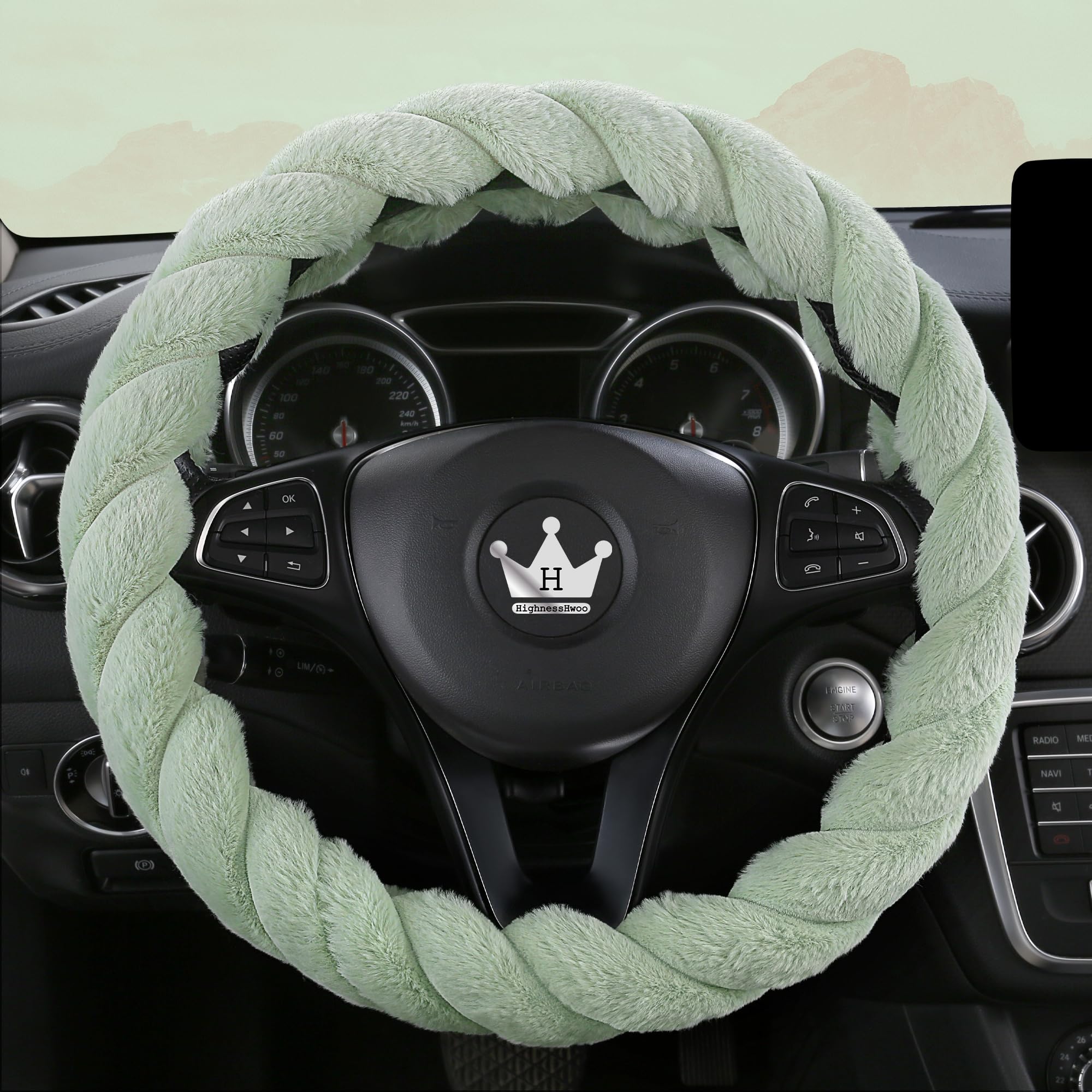 HighnessHwoo fluffy green steering wheel cover showing plush texture for warmth