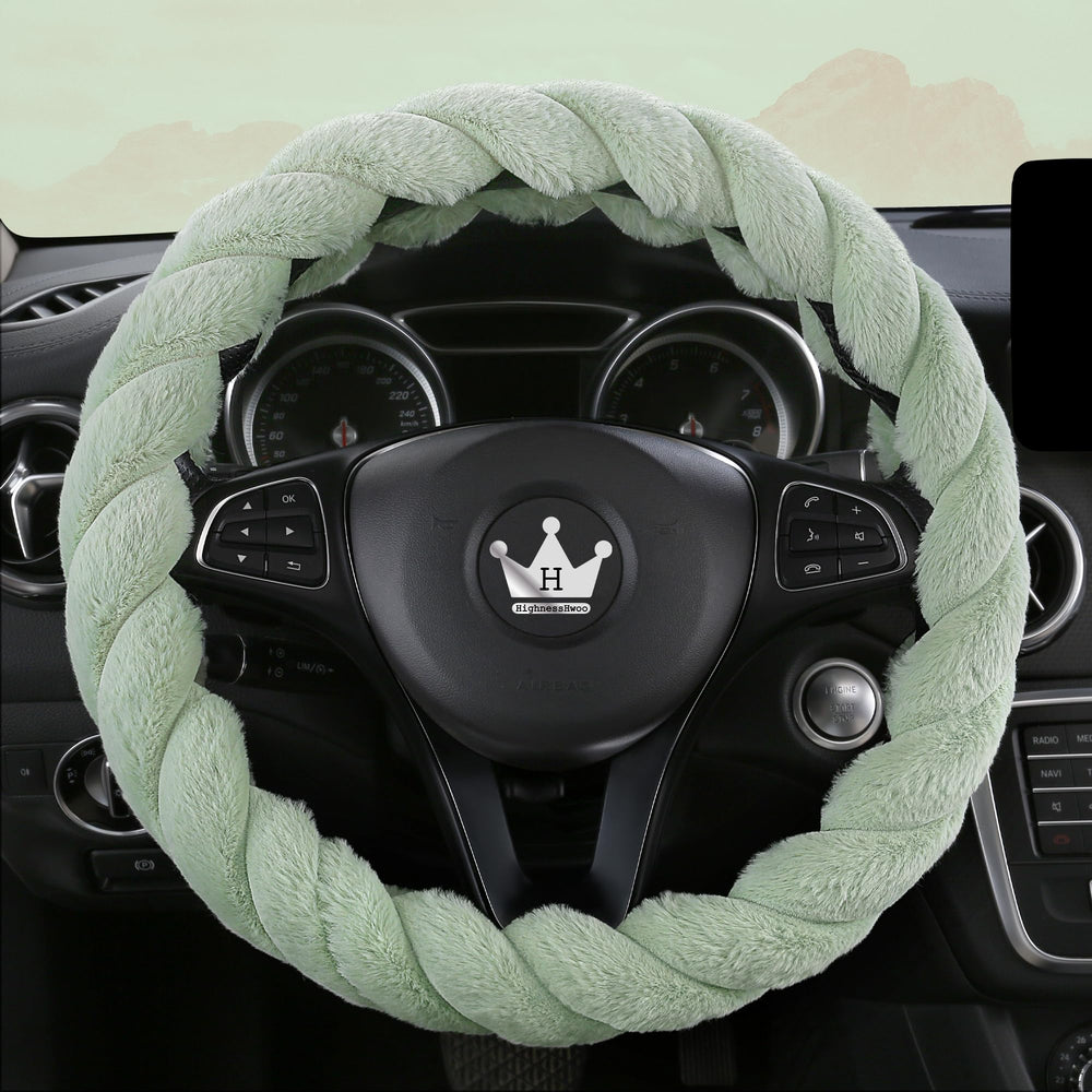 HighnessHwoo fluffy green steering wheel cover showing plush texture for warmth