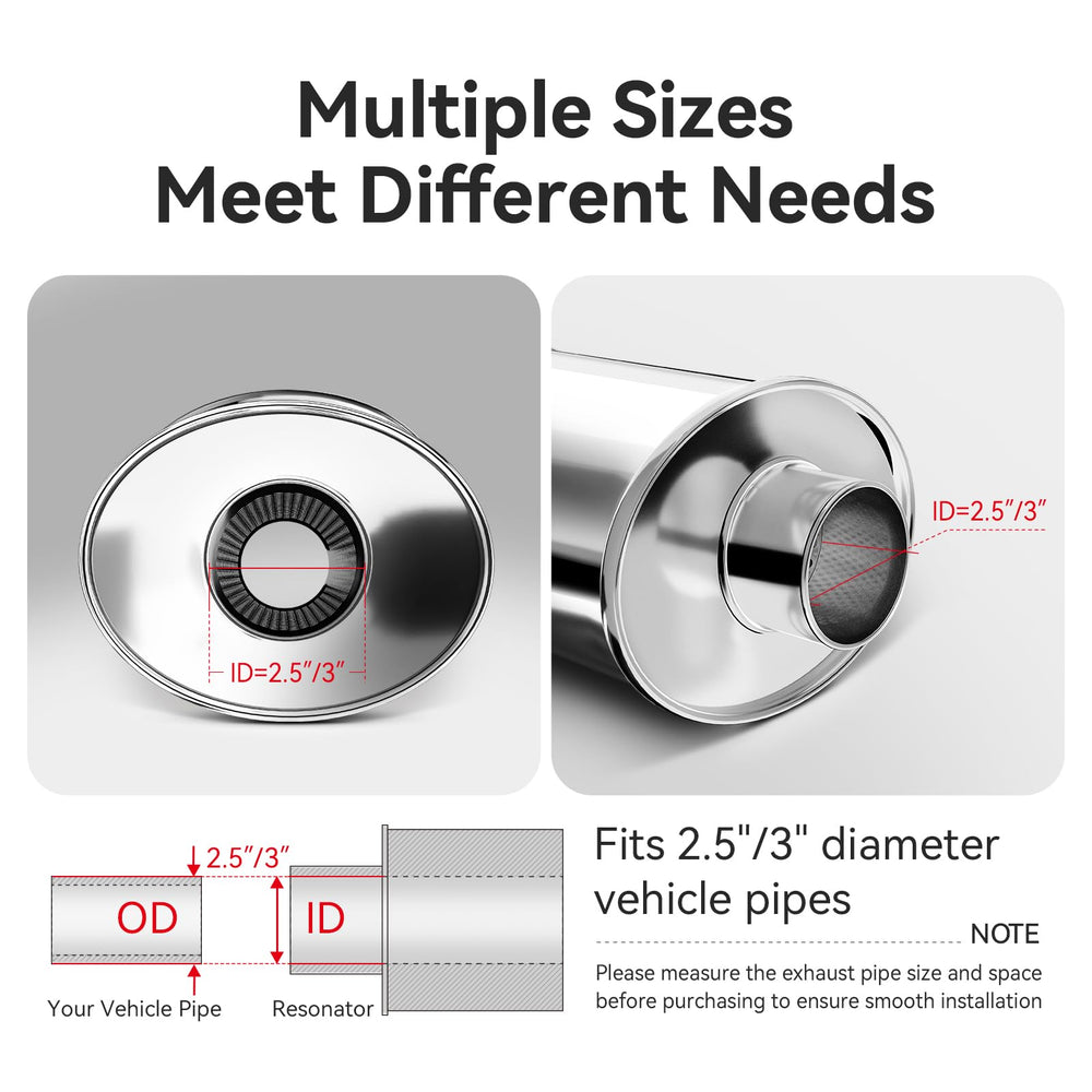 Hilmitile resonator compatible with car, truck, and SUV exhaust setups.