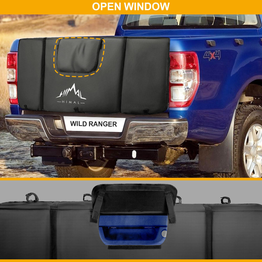 Himal Outdoors tailgate pad rear window enables backup camera access.