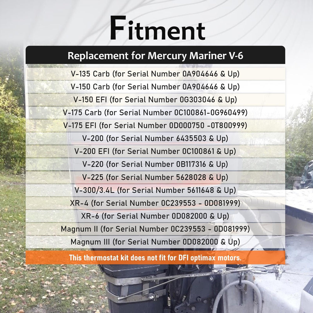 HIMARKLIF thermostat kit compatibility chart showing Mercury Mariner V-6 fitment.