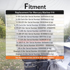 HIMARKLIF thermostat kit compatibility chart showing Mercury Mariner V-6 fitment.